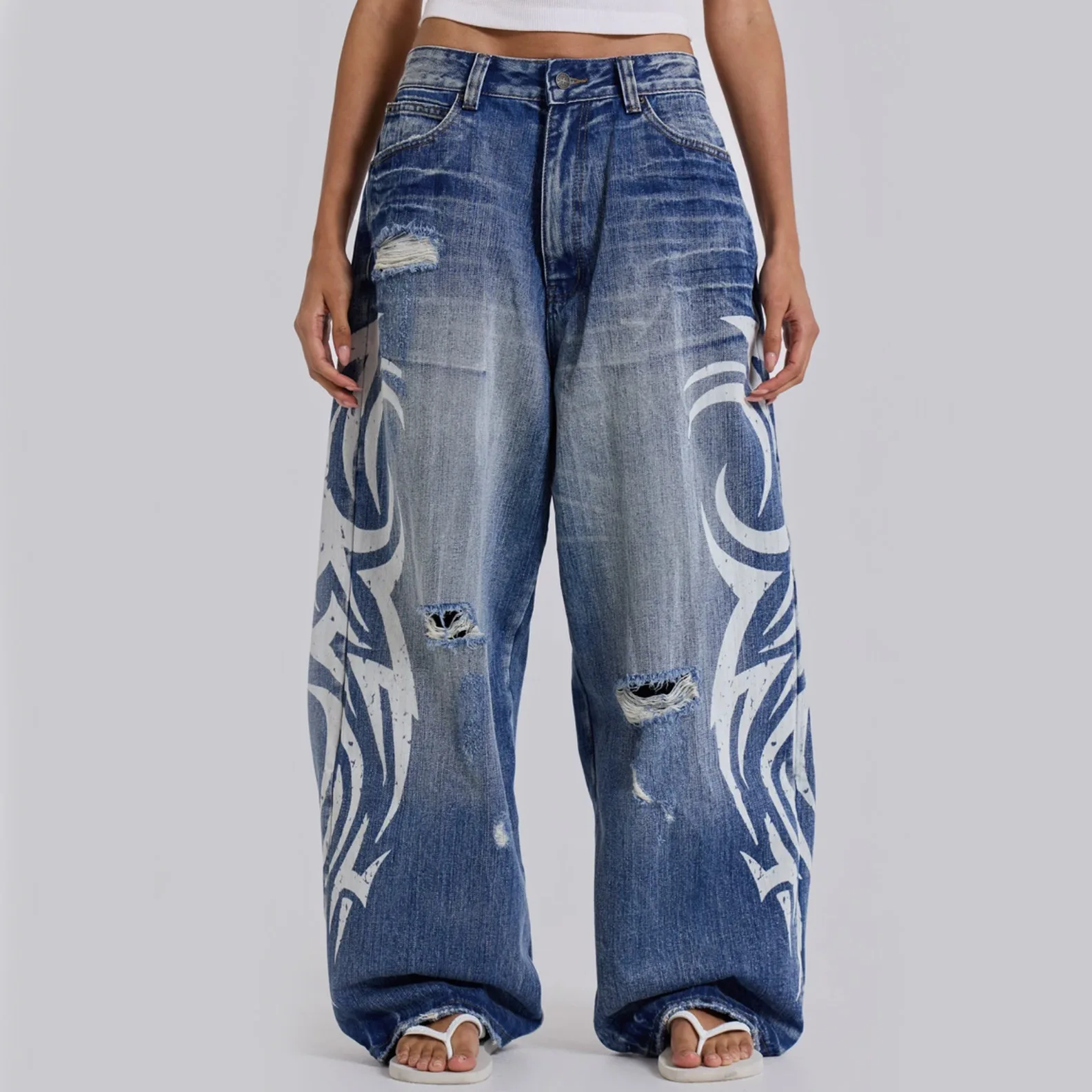 Y2K Punk Style High Street American Retro Totem Print Hot Girl Low Waist Loose Jeans