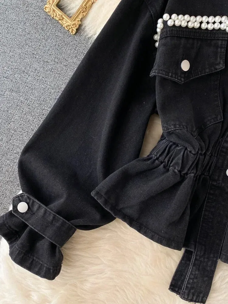 Fall 2026 New Retro Denim Jacket Coat Female Temperament V-neck Single-breasted Beaded Waist Slim Jacket Top KK1333