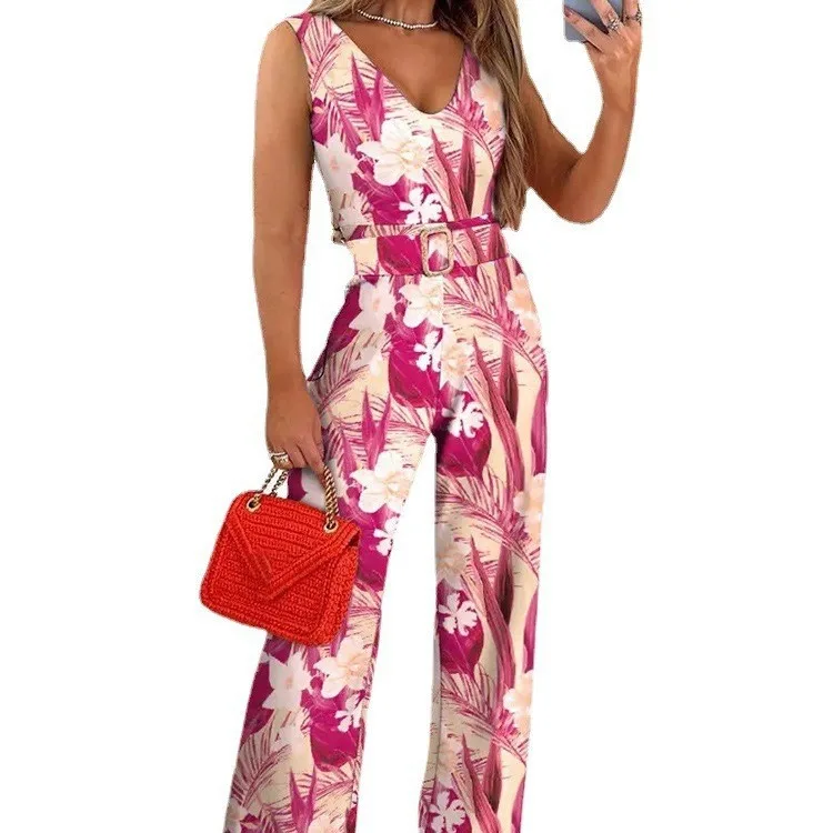 ผู้หญิงฤดูใบไม้ผลิฤดูร้อนJumpsuitพิมพ์สีแขนกุดVคอกางเกงขากว้างเอวสูงสบายๆแฟชั่นสบายปกติFit