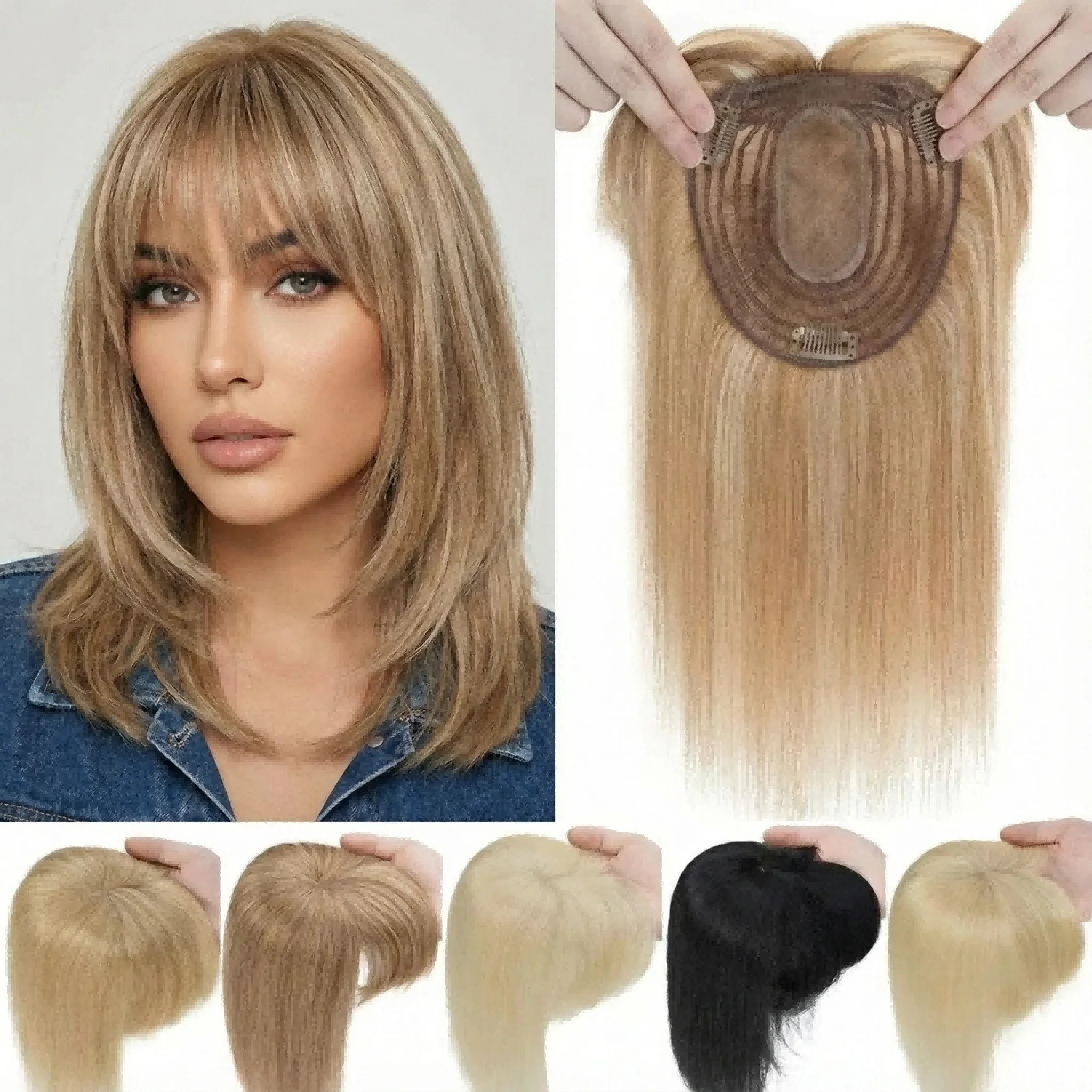 

Machine Made 100% Human Hair Women Topper Wig Hairpiece With Snap Clips Lightweight Easy Wear Dropshipping Fast Ship
