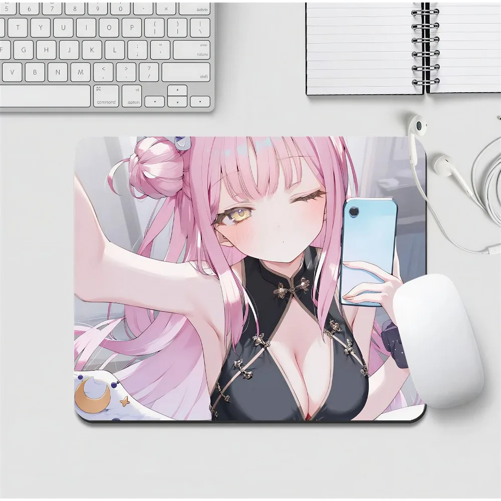 Gaming Mouse Pad,Small Square Desk Mat,Anti-slip Rubber Base,Stitched Edges,Pale Pink Hair Blush Red Eyes Soft Anime Print