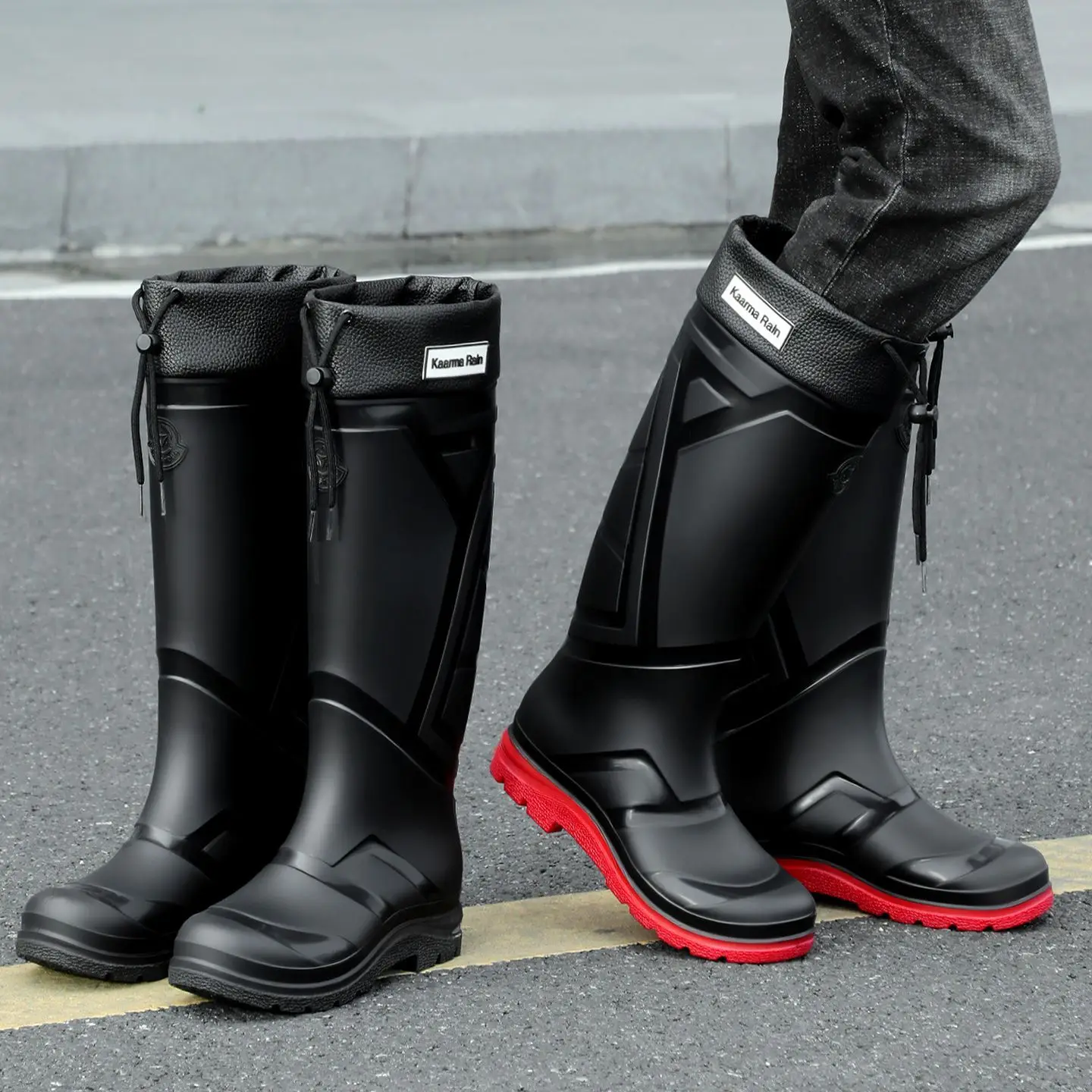 Men's High-Tube Waterproof Work Boots Anti-Slip Thickened Tied Mouth Rain Boots Durable Farming Rubber Shoes Outdoor Activities