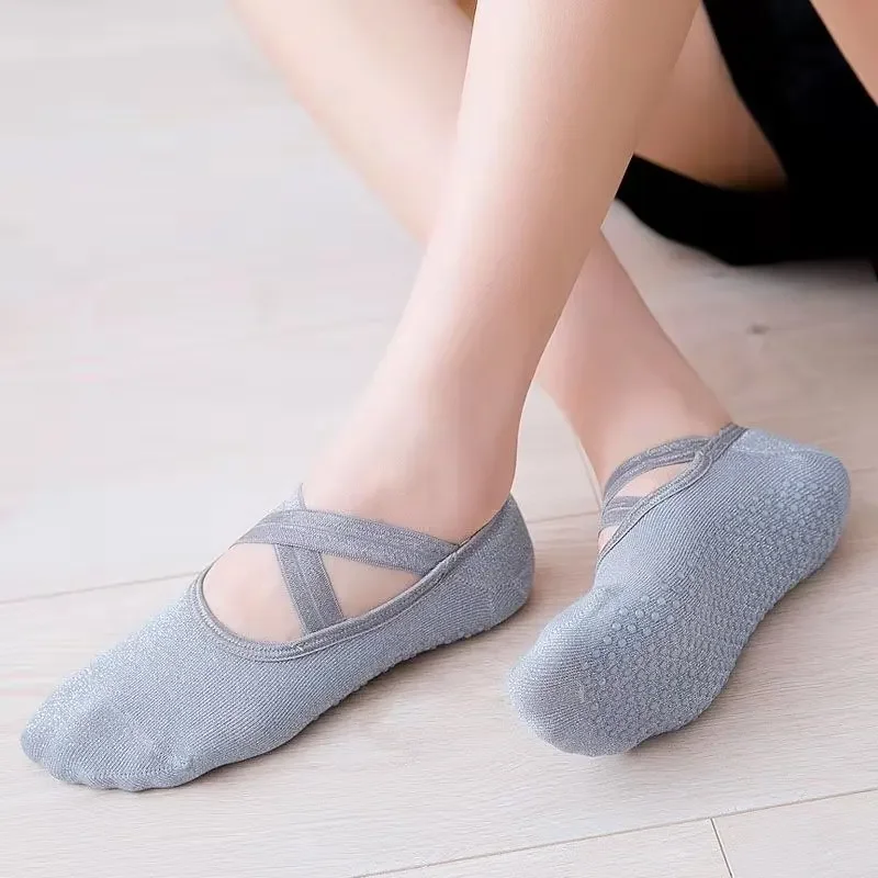 Women Yoga Socks Backless Breathable Bandage Ladies Dance Sports Socks Silicone Non-slip Silver Shiny Fitness Gym Pilates Socks