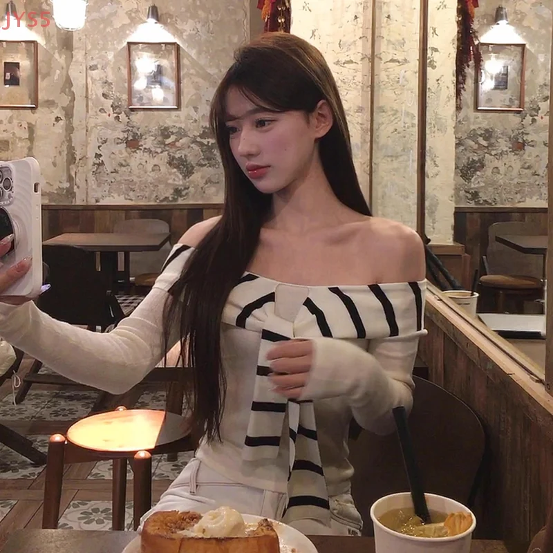 Camiseta coreana con cordones a rayas para mujer, Top ajustado versátil de manga larga con hombros descubiertos Sexy
