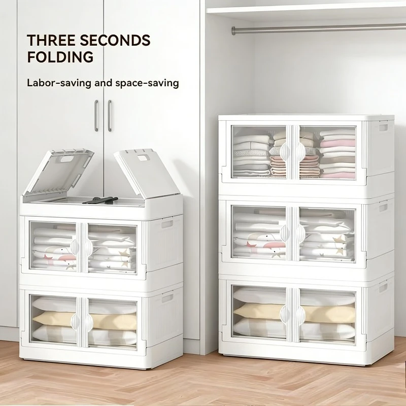 Folding storage box, 1/2/3 layer cabinet with wheels - transparent double door multi-layer design large capacity storage cabinet