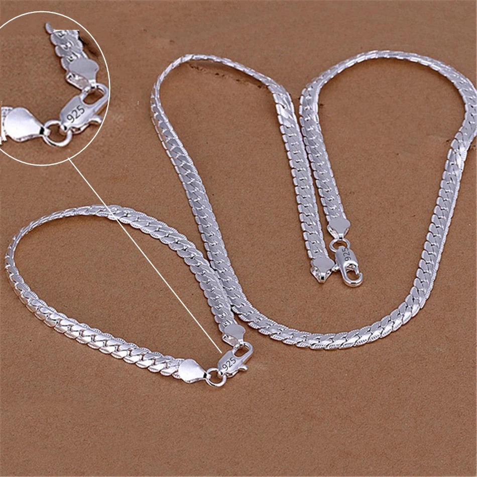 925 Sterling Silber Weihnachtsgeschenke Europäischen Stil 6 MM Flache Kette Halskette Armbänder Mode für Mann Frauen Schmuck Sets S085 – Detail 2