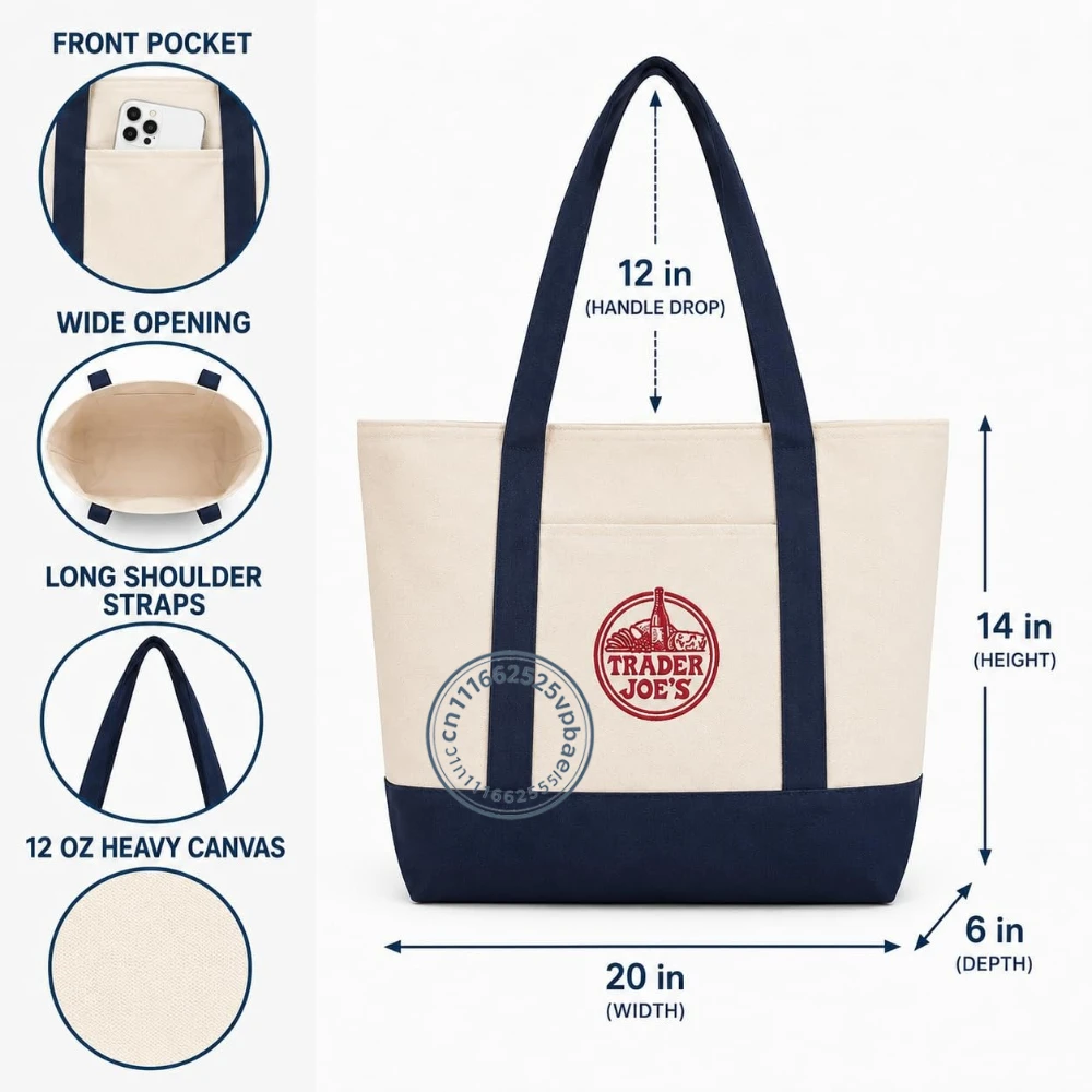 Large Canvas Tote Bag for Trader Joe's, Reusable 12 oz Cotton Tote Bag with Embroidered, Front Pocket & Reinforced Bottom