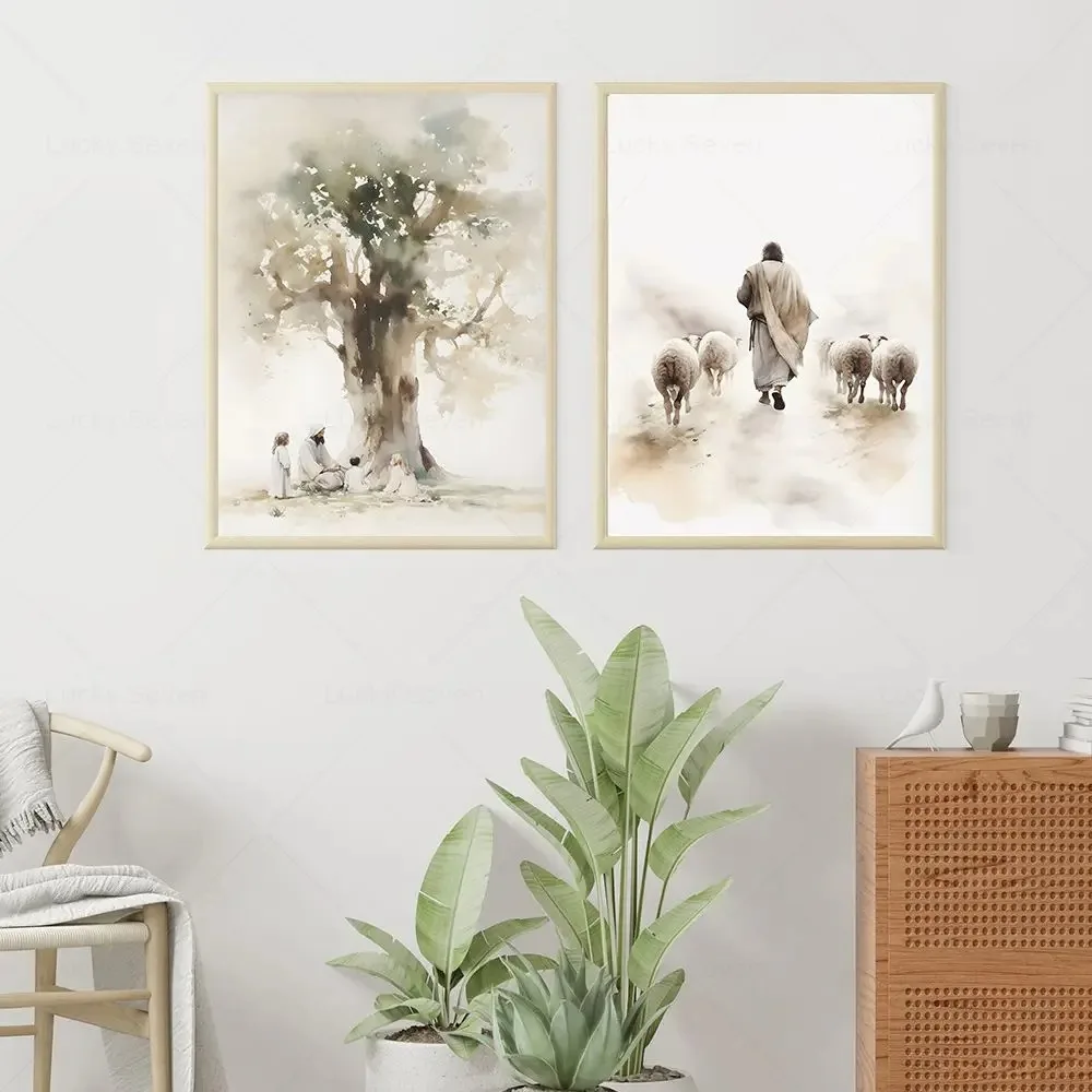 Jesus Boho Art Cnavas Prints Jesus Teaching Child Poster Jesus with Flock of Sheep Christian Watercolor Painting Wall Art Decor