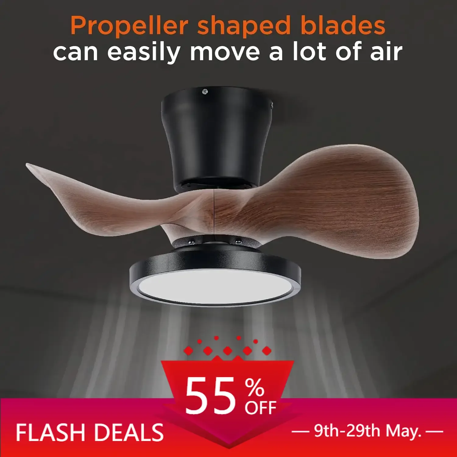 

24 inch small ceiling fan Quiet Ceiling Fan with LED Light Large Air Volume Remote Control for Kitchen Bedroom Dining Room Patio