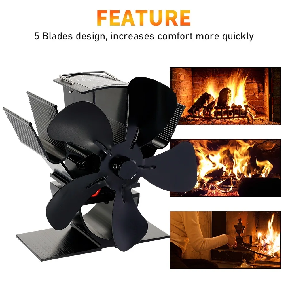 

Mini Stove Fan Heat Powered 5 Blades Fireplace Fan Log Wood Burner Quiet Eco-fan Hot Air Home Warm Heat Distribution No Battery