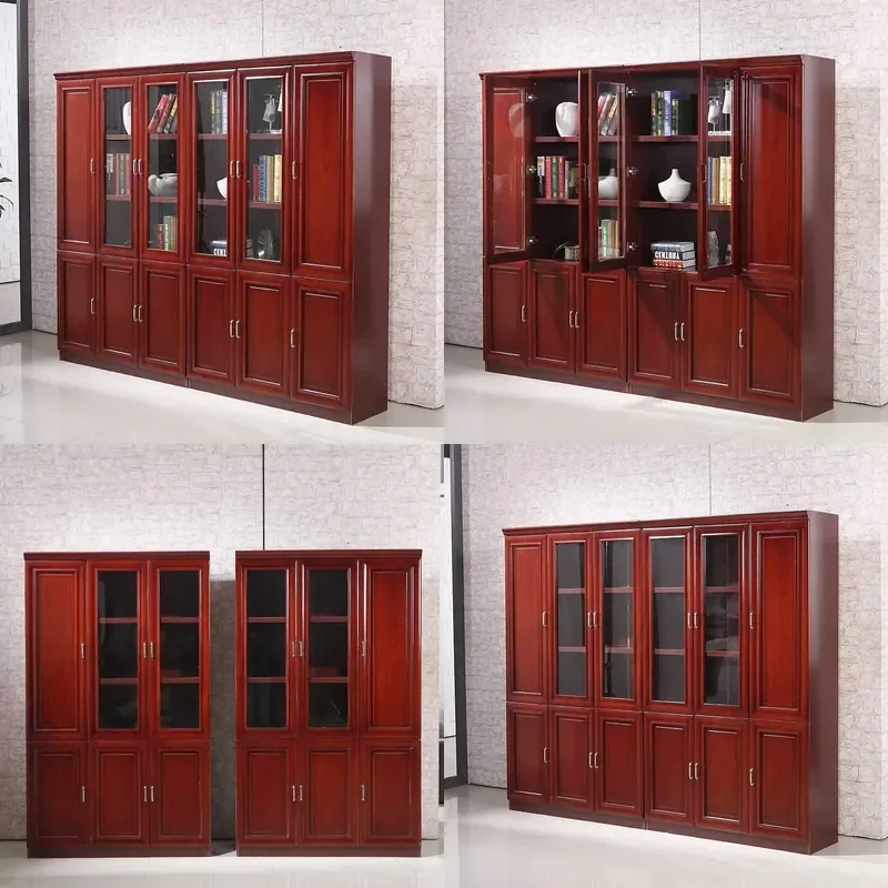 For Study Solid Wood Leather File Cabinet Multi-door Bookcase with Glass Door Painted Finish Storage Locker Home Office