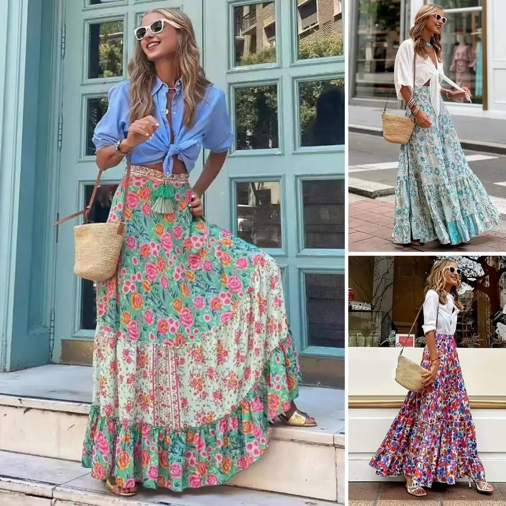 1Pc Bohemian Print Maxi Skirt High Waist Tassel Lace-up Long Skirt Floral Print Ruffle Stitching Hem Women Summer Beach Skirt