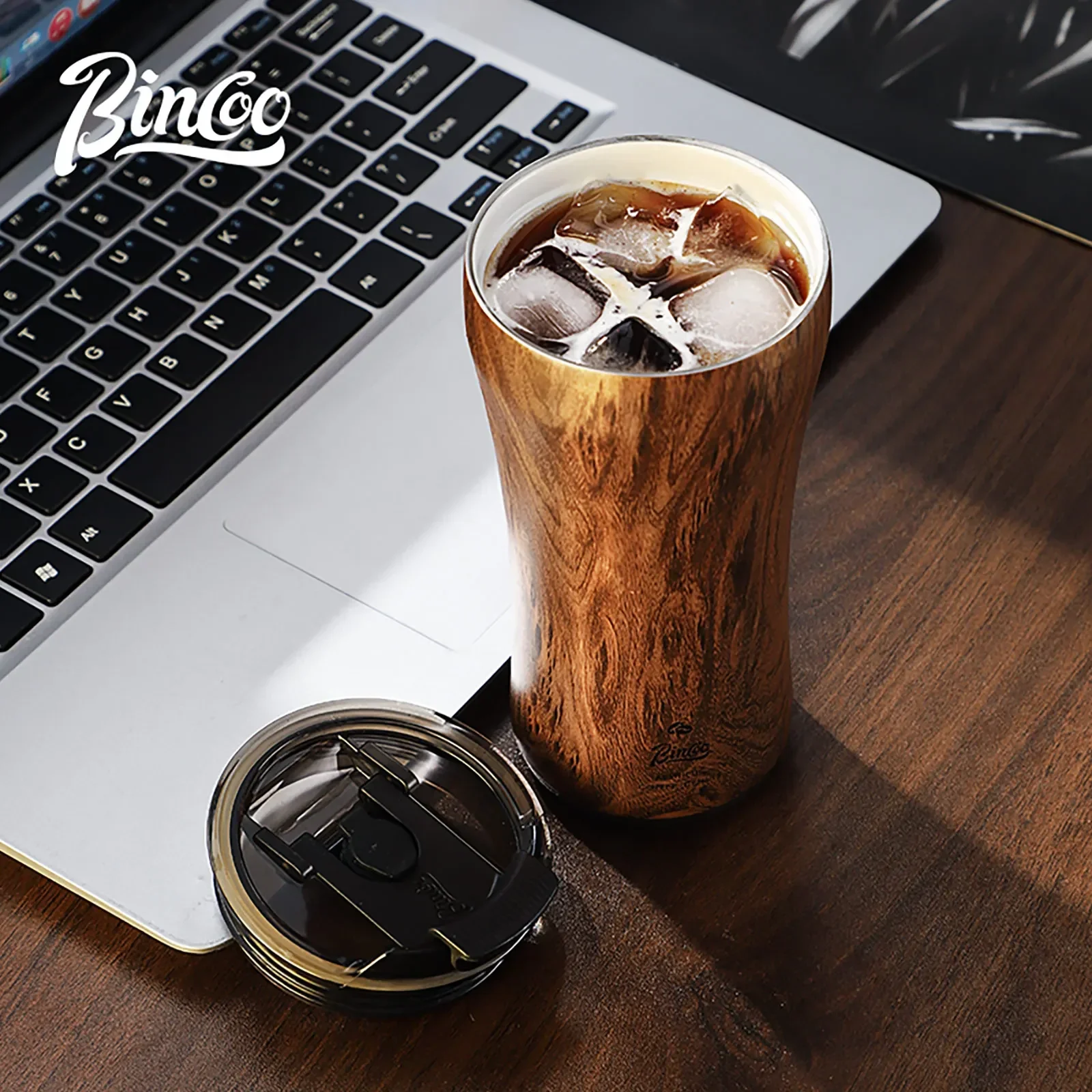 Bincoo Wood Grain Coffee Cup High-End Exquisite Take-Out Coffee Tumbler 316 Stainless Steel Ceramic Thermos Cup