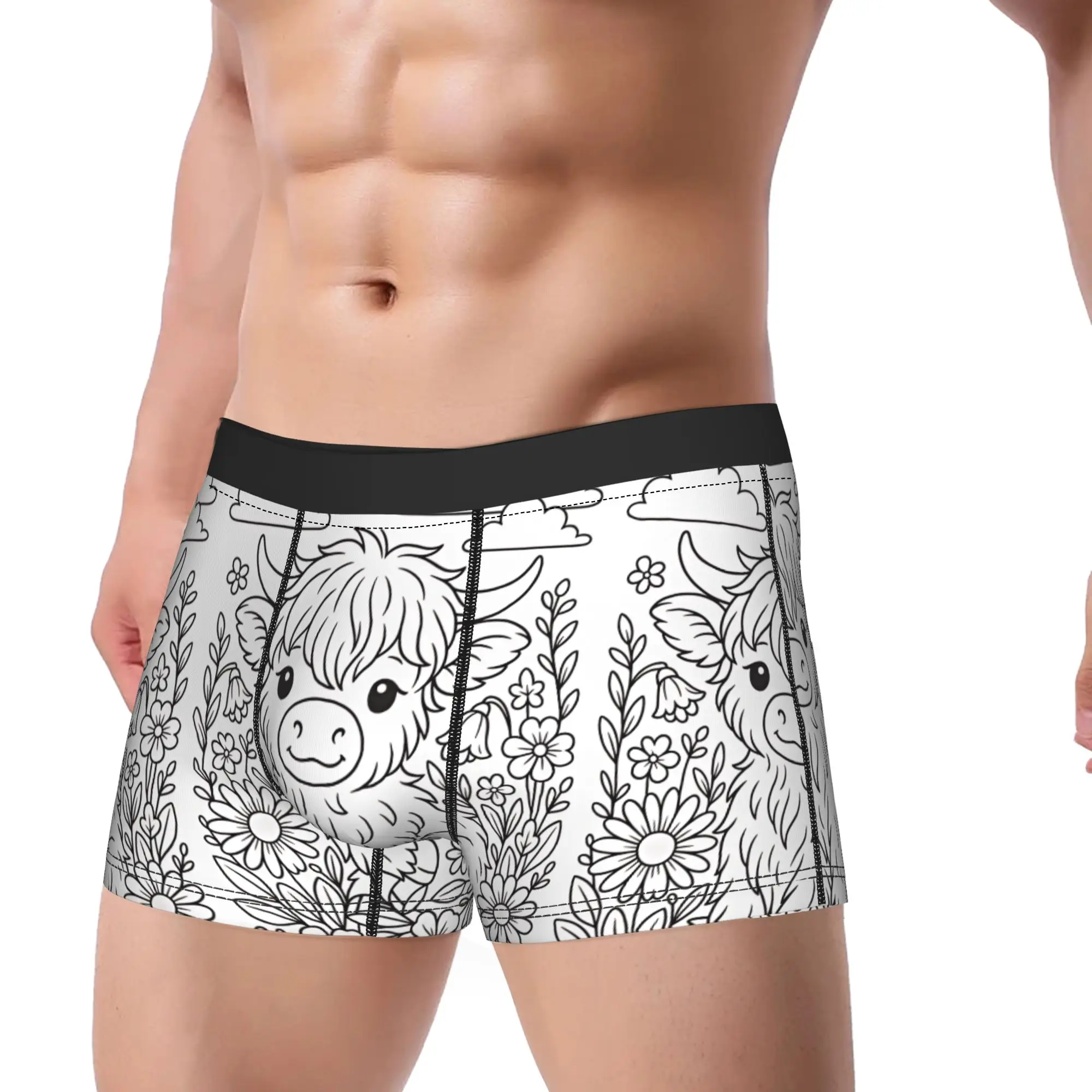 Cute Smiling Highland Cow In Flower Garden Underwear  Pattern Boxer Shorts Hot Sale Man Underpants Sexy Soft Shorts Briefs