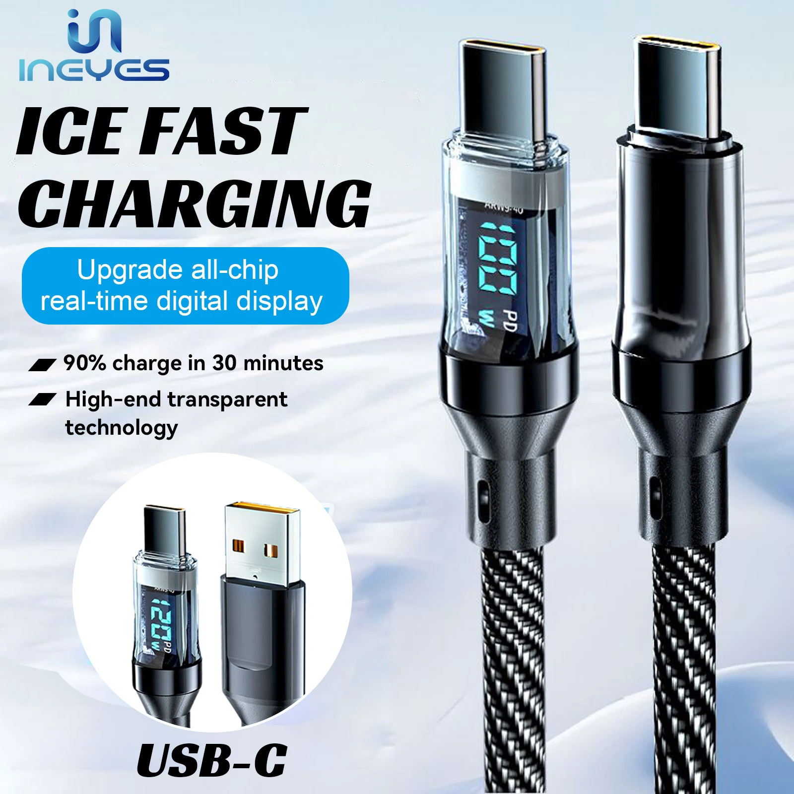 INEYES 2025 New Digital display 120W/100W fast charging dual Type-C charging cable, flash charging data cable With LED Display