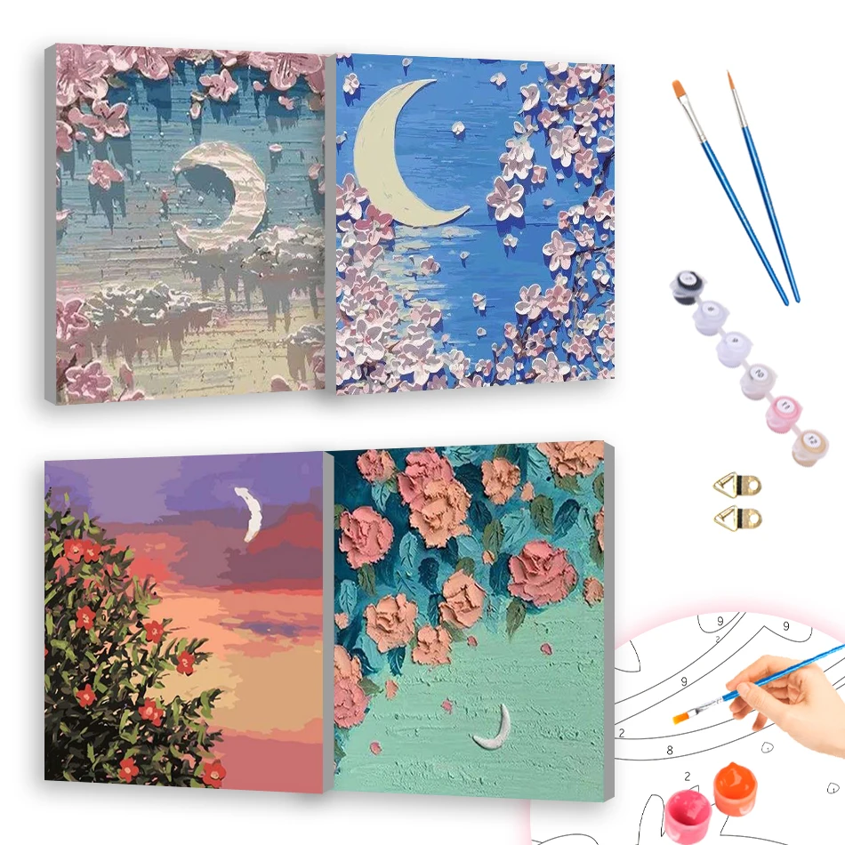 

RUOPOTY Oil Painting By Numbers Flower Moon Romantic Scenery 20x20cm ready Frame For Beginner Picture Drawing Simple Canvas Gift
