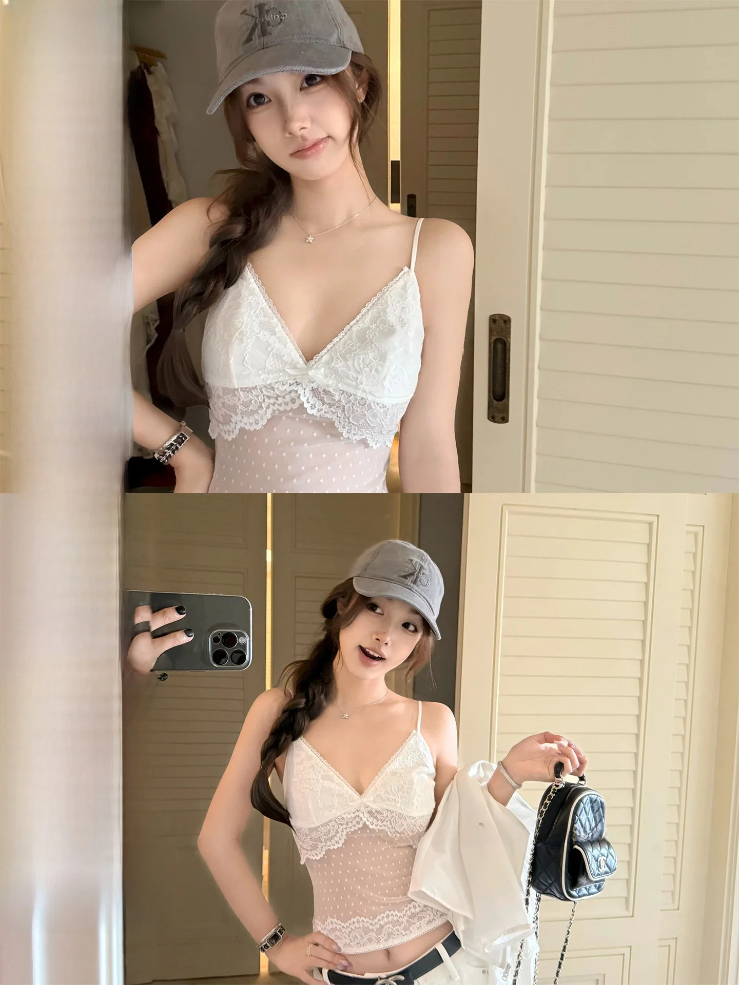 

Chestnut Lace Waist-Cinching Tank Top Women's Summer Breathable Skin-Friendly Casual Slim-Fit V-Neck Short-Length Tank Top