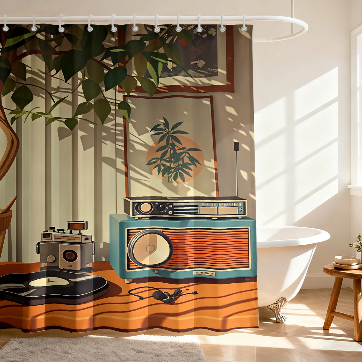 Retro Mid Century Style Shower Curtain Bathroom Decor Tropical Plants Stereo Vibes Fun Shower Curtain