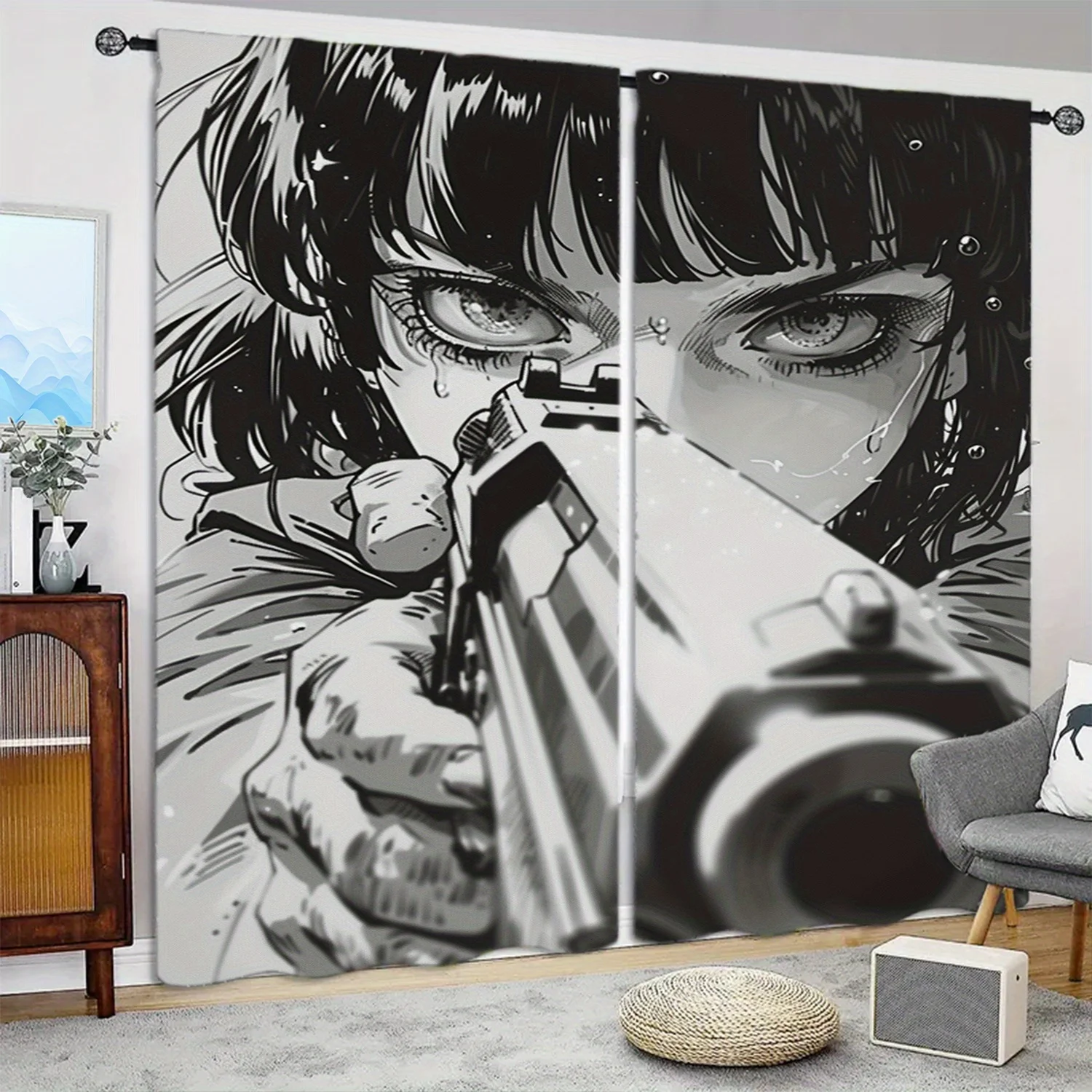 Anime Girl with Gun Curtains Black and White Manga Style Cool Character Print Action Window Drapes for Bedroom Living Room