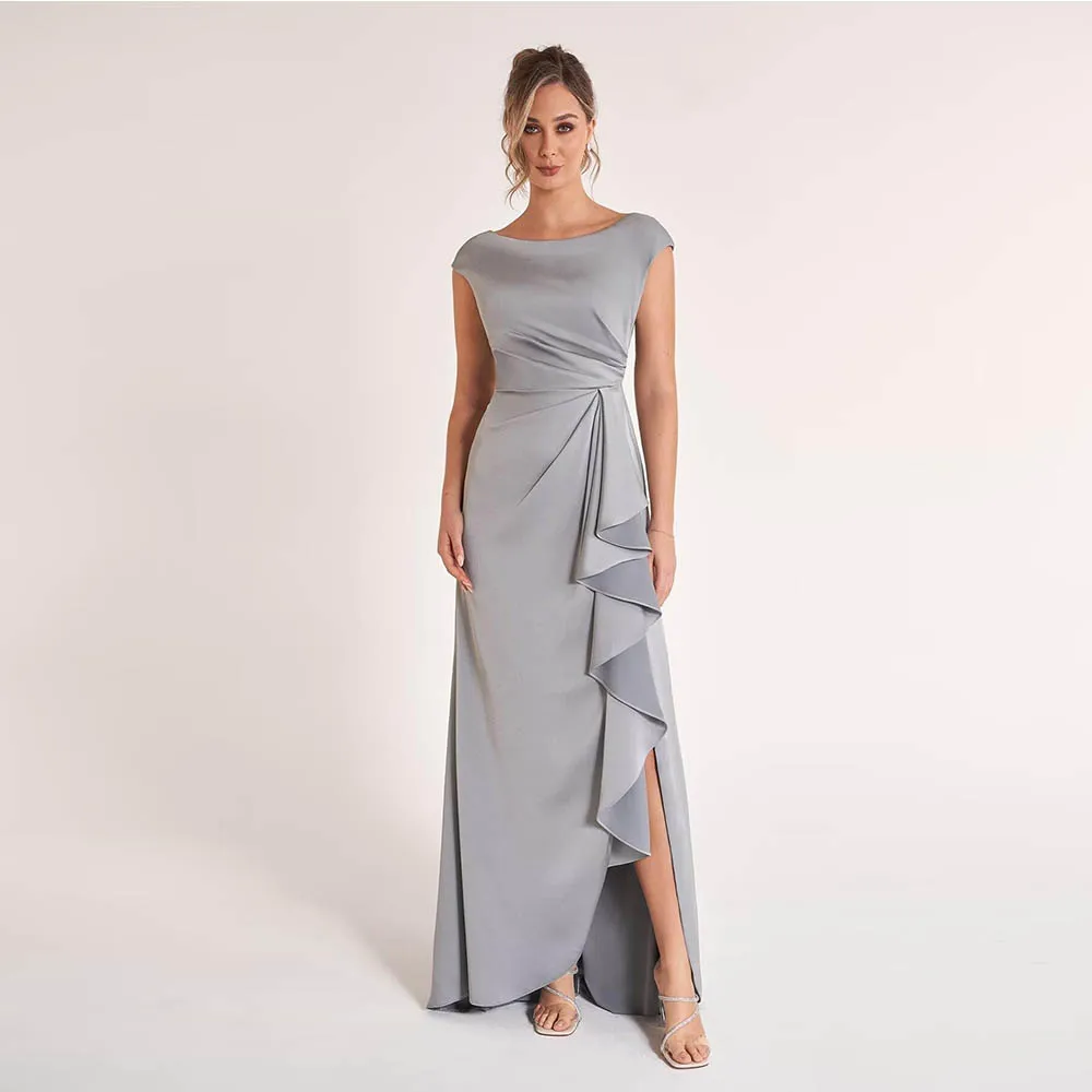 Customized Elegant Gray Long Formal Dress for Women Ruffle Side Slit Waist-Cinching Evening Gown Wedding Party Dresses