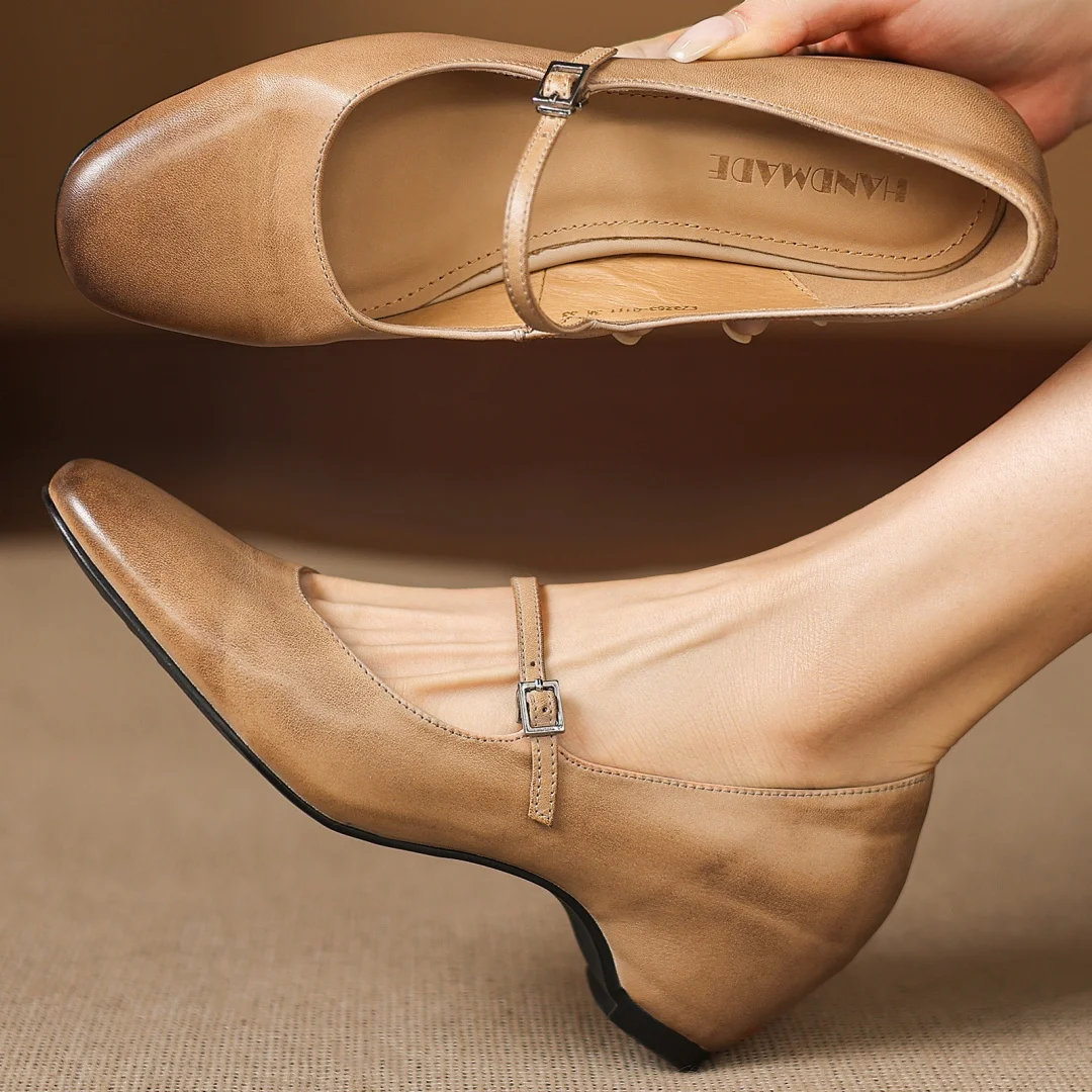 

Women's cow leather round toe metal buckle slip-on Mary Jane pumps 4.5cm wedge med heel elegant ladies OL style slim dress shoes