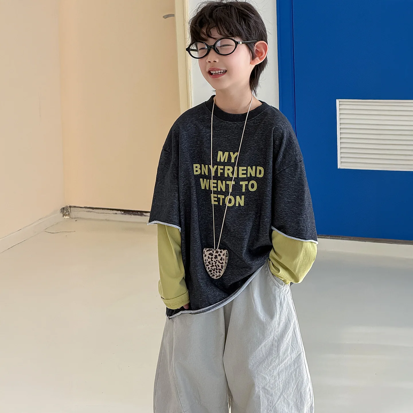Boys T-shirt 2026 Spring and Summer New Childrens Clothing Korean Style Boys and Girls Fashion Color False Two T-shirts