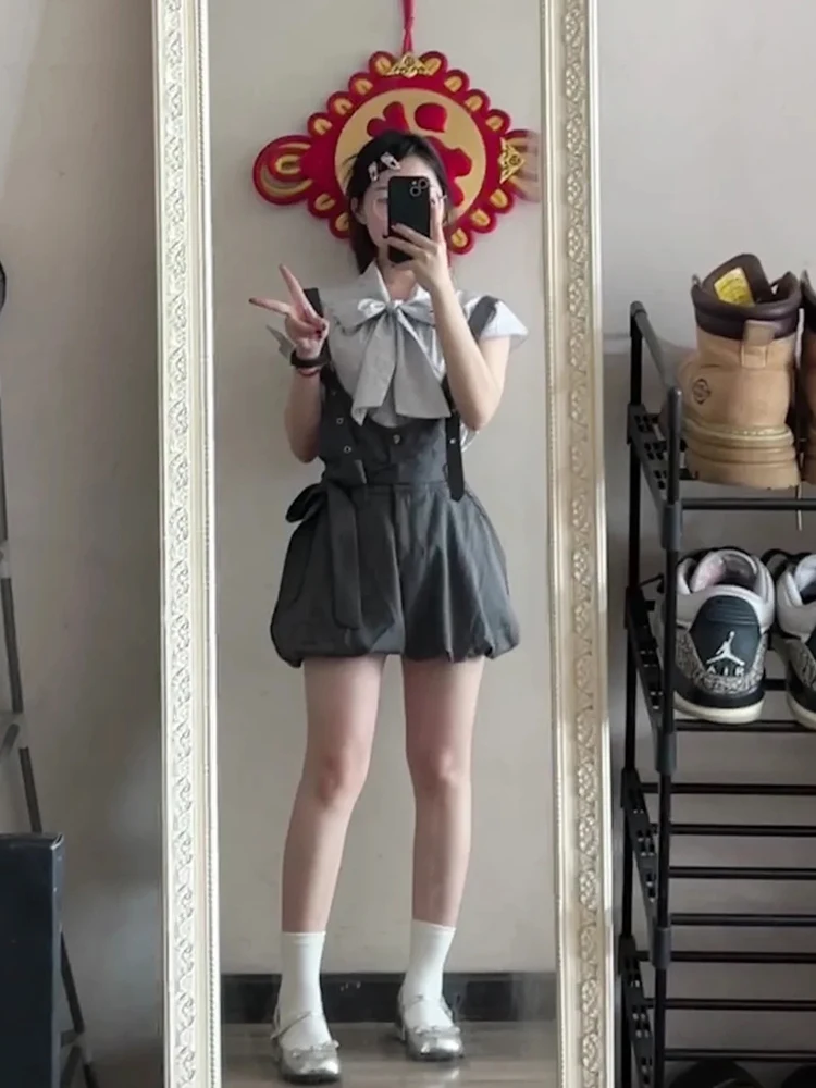 

Summer 2026 Women's Shirt And Shorts Set Bow Tie Striped Bloomer Style Top Bottoms Two Piece Suit Japanese College Fashion