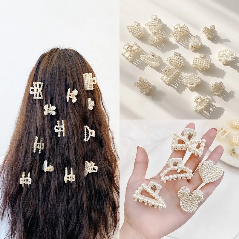 6pcs white pearl lace bow hair clip for women small size sweet half up plastic grip clip;