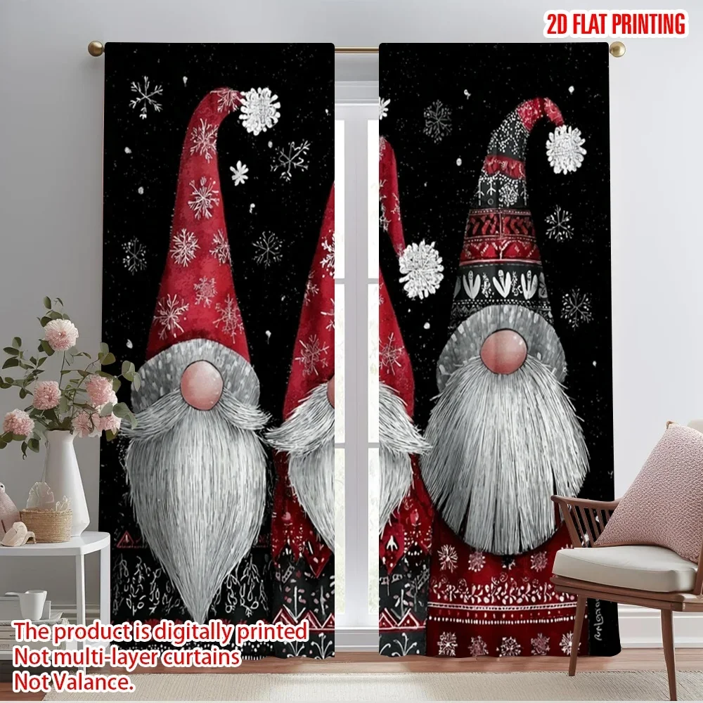 2pcs,2D plane printing Curtains Digital Printed Merry Christmas Three Festival Goblins in Red Hat Polyester Easy Install