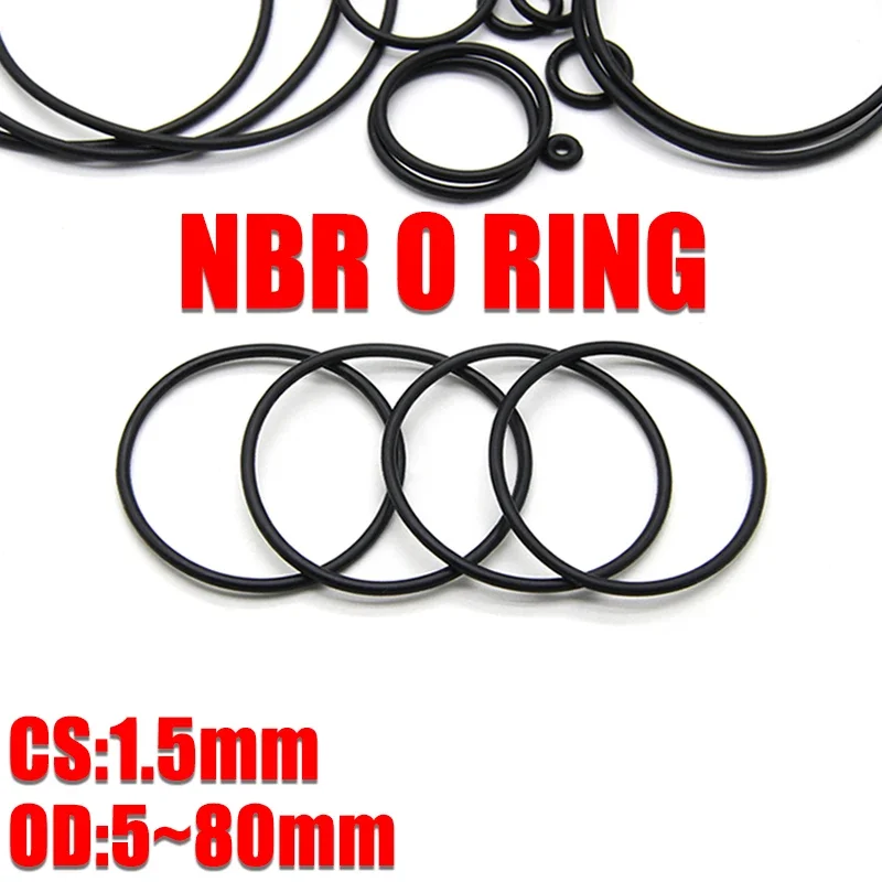 10pc NBR O Ring Seal Gasket Thickness CS 1.5mm OD 5~80mm Nitrile Butadiene Rubber Spacer Oil Resistance Washer Round Shape Black