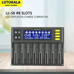 LiitoKala Lii-S8 8 gniazd sprawdź pojemność 3,7 V 1,2 V do 18650 26650 21700 26700 18350 AA AAA z ładowarką 9V LCD