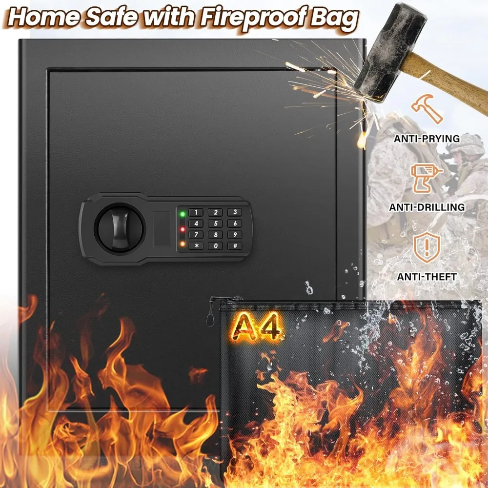 Large 17.71 Cubic Foot Digital Electronic Lock Fireproof Home Safe with A4 Size Fire-Resistant Document Bag