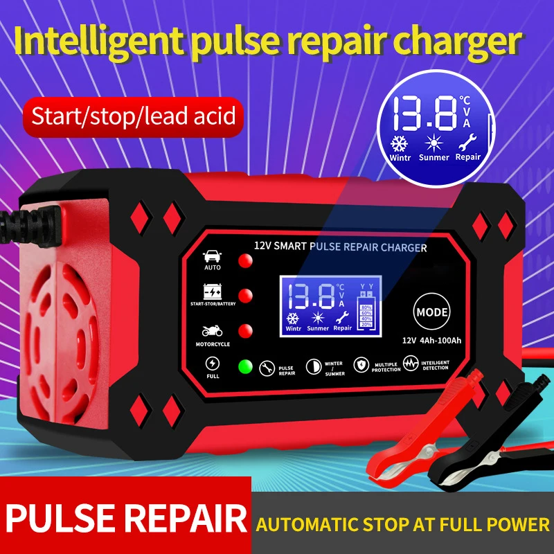 12V 6A Car Battery Charger Pulse Repair Smart Fast Charge AGM Deep Cycle GEL Lead-Acid Charger For Auto Motorcycle LCD Display