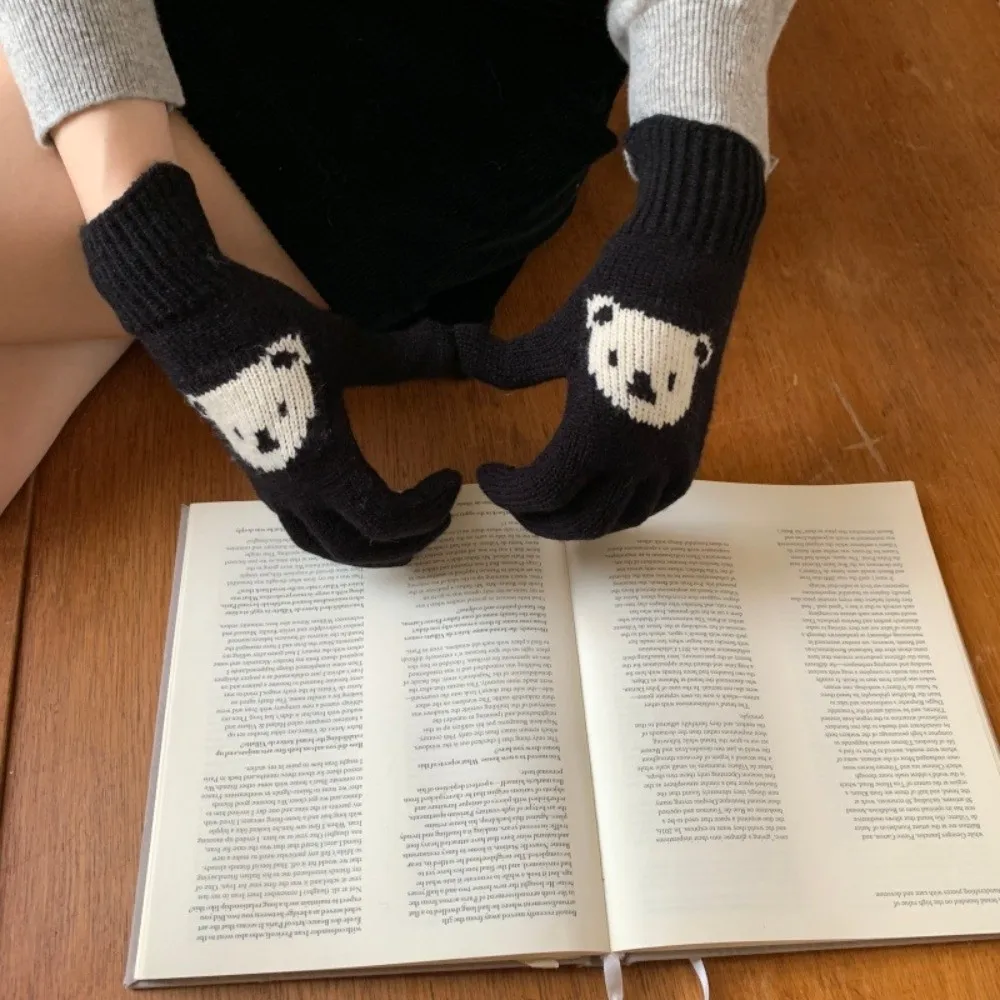 Korean Style Polyester Touch Screen Gloves Warm Lining Stretchable Cartoon Bear Gloves Winter Full Finger Gloves Girls