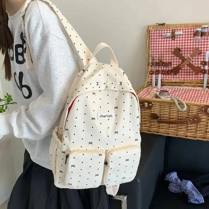 Japanese Kawaii Bow Sweet Dot Preppy Backpack Fashion Y2k Pockets Backpacks All Match Students Simple Schoolbags High-Capacity