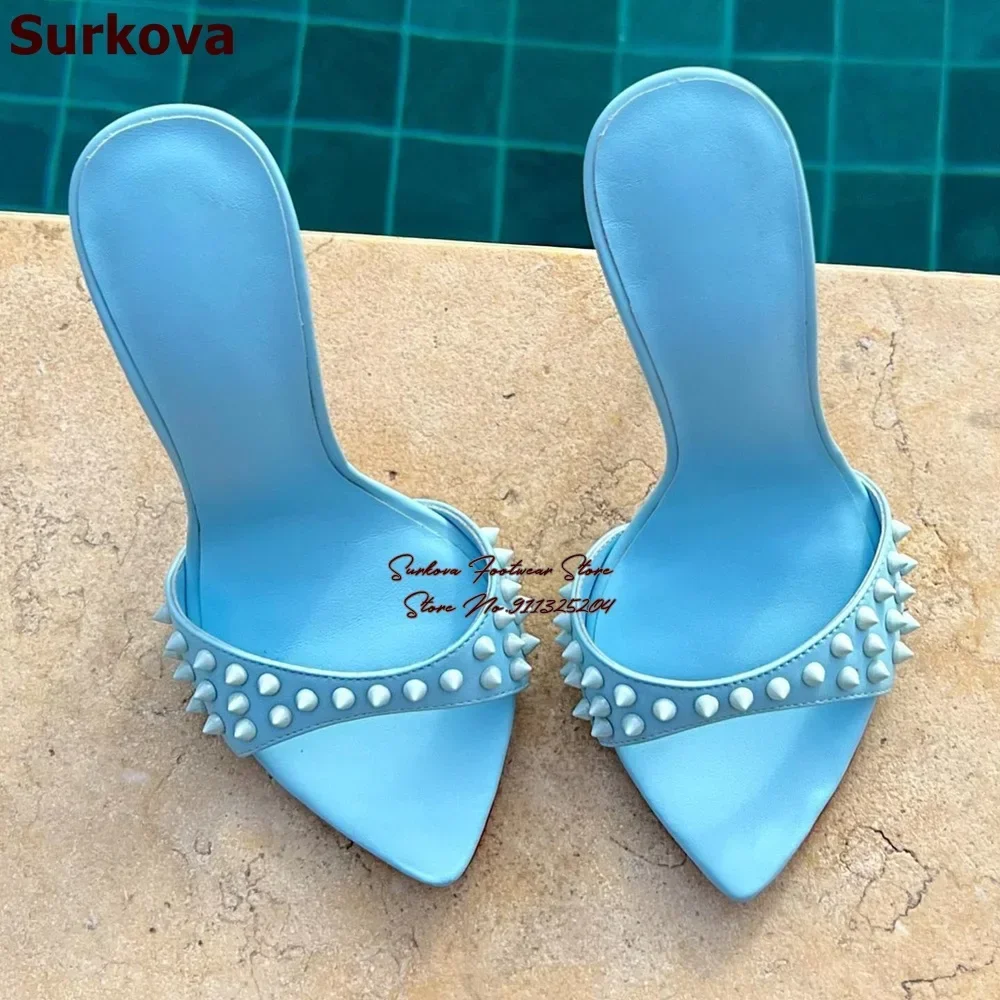Surkova Thin High Heel Rivets Pointed Toe Slippers Slip-on Sexy Spikes Summer Sandals Dress Shoes Purple Pink Yellow