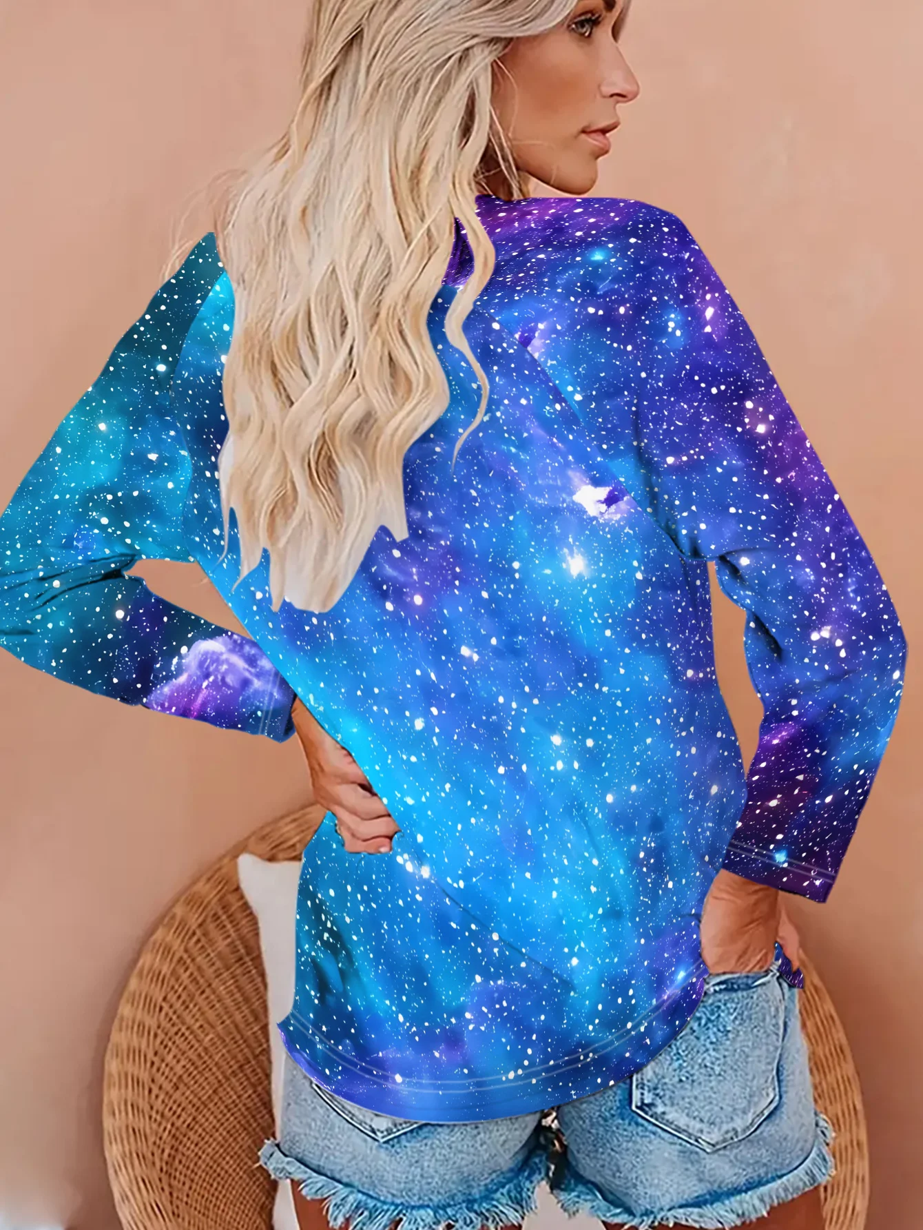Women Round Neck Long Sleeve T‑shirt Blue Purple Galaxy Starry Sky Tie Dye Print Holiday Casual Daily Autumn Wear Womens Clothes