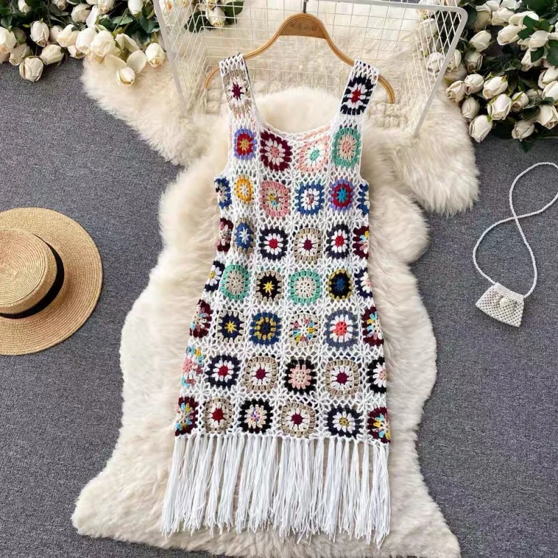 French Chic Stunning Crocheted Hollow Tassel Vest Dress Summer Women\'s Clothing Small Loose Knitted Skirt