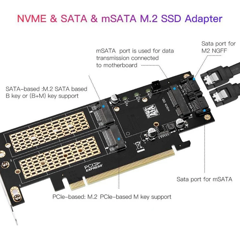 Adaptador M.2 NVMe SSD NGFF a 3,0 PCIE X16, llave M B, MSATA PCI, expansión SATA 3 en 1, elevador de convertidor, negro