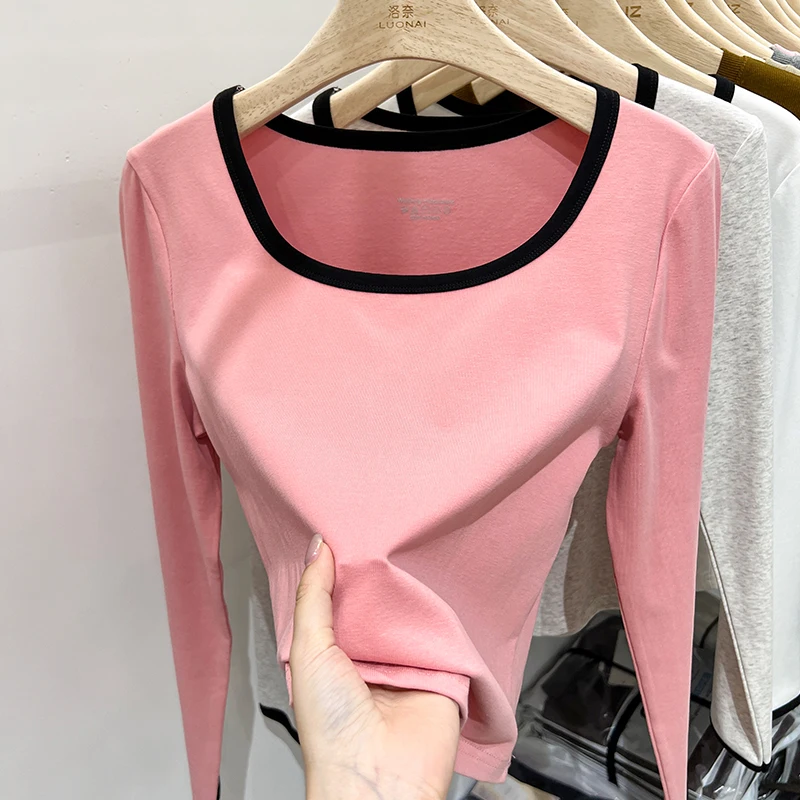 Zjaiss New Square Collar Color Blocking Women T-Shirt Casual Long Sleeve Women TShirt Korean Style Simple Base Layer Crop Tops