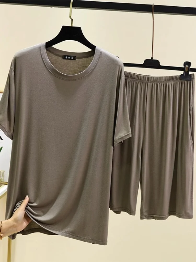 Men's Modal Sleepwear Set Casual Lightweight Short Sleeve Loose Fit Home Clothes Shorts Two Piece Set Comfortable Summer Slee...