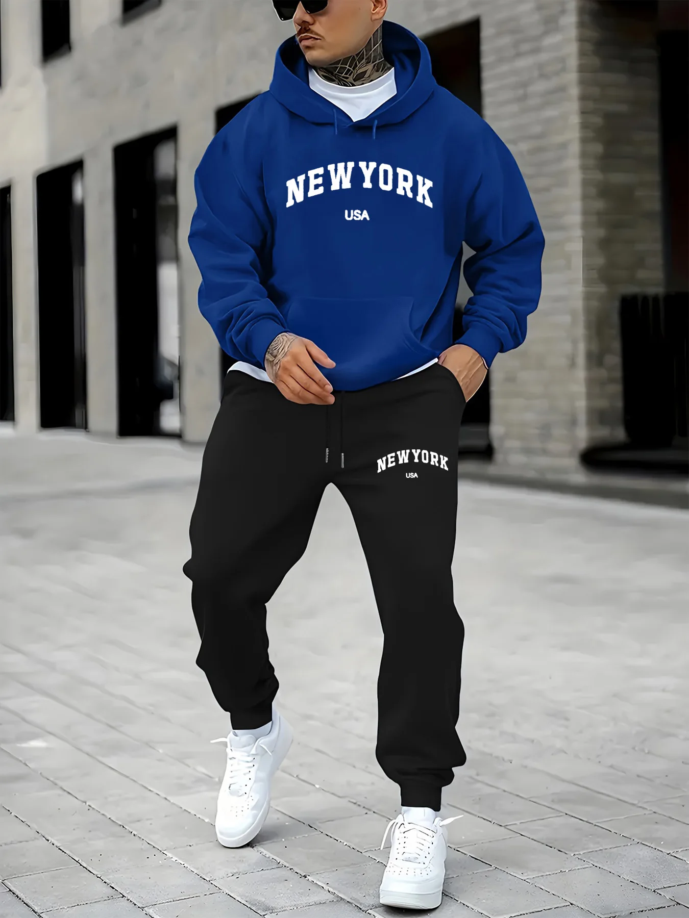 

Men's autumn and winter casual warm NEW YORK USA letter printed loose and plush thick hoodie+sweatpants set