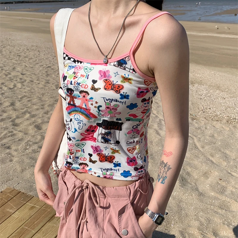 سترة نسائية قطنية مطبوعة على شكل جرافيتي لطيفة على شكل وجه كاجوال ناعمة بأكمام قصيرة، ملابس مريحة للشارع