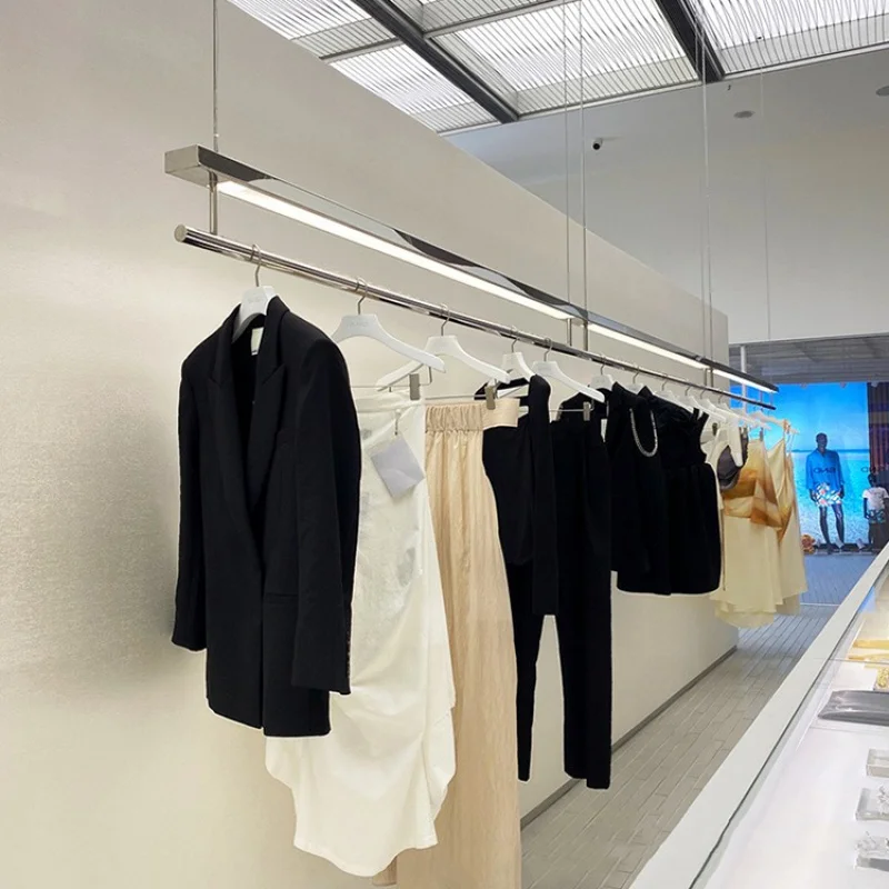 Custom, New stainless steel ceiling frame with light hanger Buy hand shop women's shop window hanging shelf clothing shop hanger