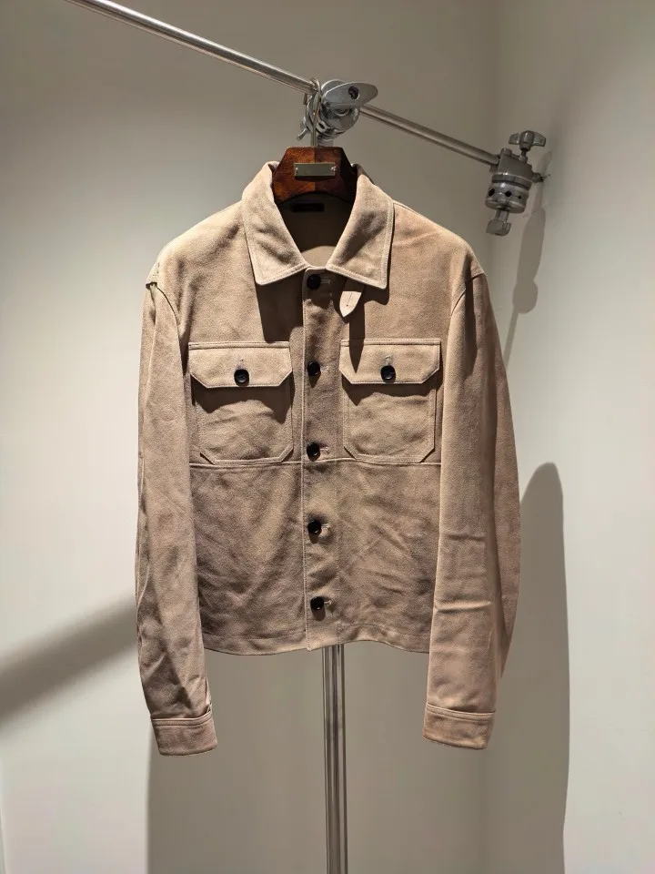 TF Men Lamb Leather Jacket 2026 Autumn Winter Turn Down Collar Button Front Big Pocket Unlined Warm Coat