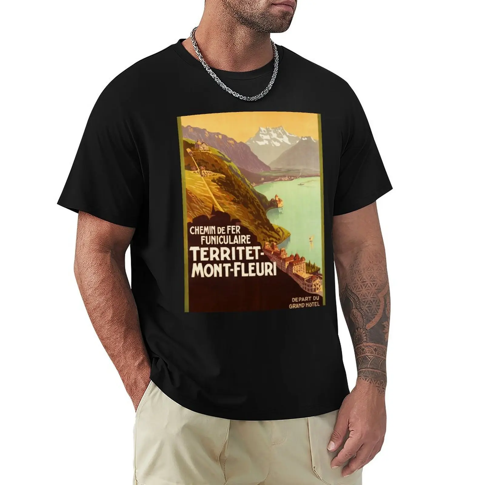 Camiseta con estampado del antiguo ferrocarril funicular de TERRITET MONT FLEURI, Montreux, Suiza, 1905
