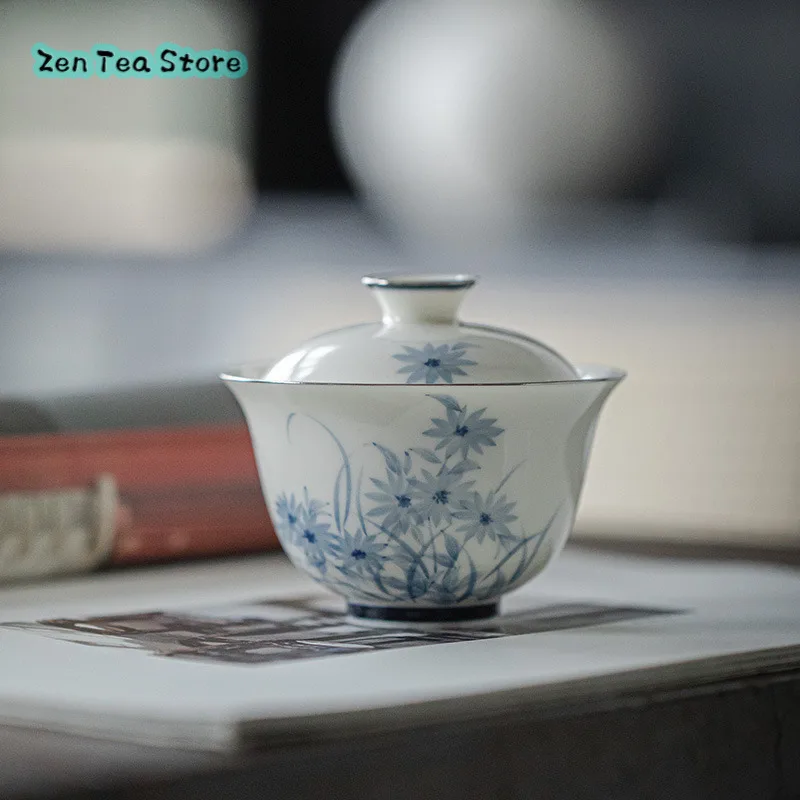 

Household Ceramic Hand-painted Cover Bowl Under Glaze Color Blue And White Tea Bowl Wild Chrysanthemum Fu Household Bowl