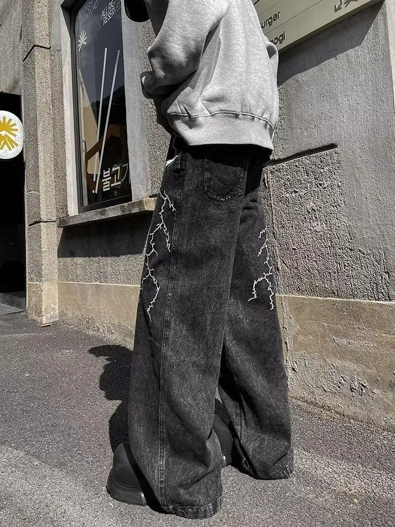Men's Black Vintage Wash Baggy Wide Leg Jeans Side Lightning Print Goth Street Style Loose Fit Casual Daily Going Out Denim Trousers