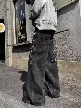 復古街頭設計荊棘刺繡小眾百搭寬鬆直筒牛仔褲休閒褲(腰部連結孔未開) 10 最佳銷售 直筒牛仔褲 - №5