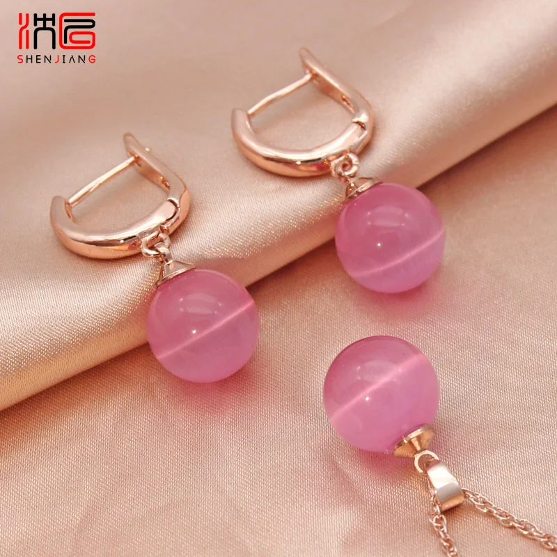 SHENJIANG New Fashion Round Cat's Eye Beads Drop Earrings Jewelry Sets For Women Wedding 585 Rose Gold Color Pendant Necklace